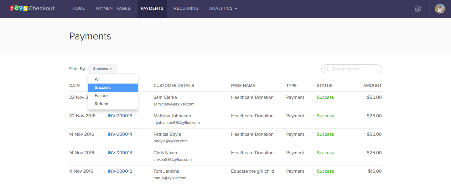 Zoho Checkout Software - Users can generate custom payment reports, filtered by payment status