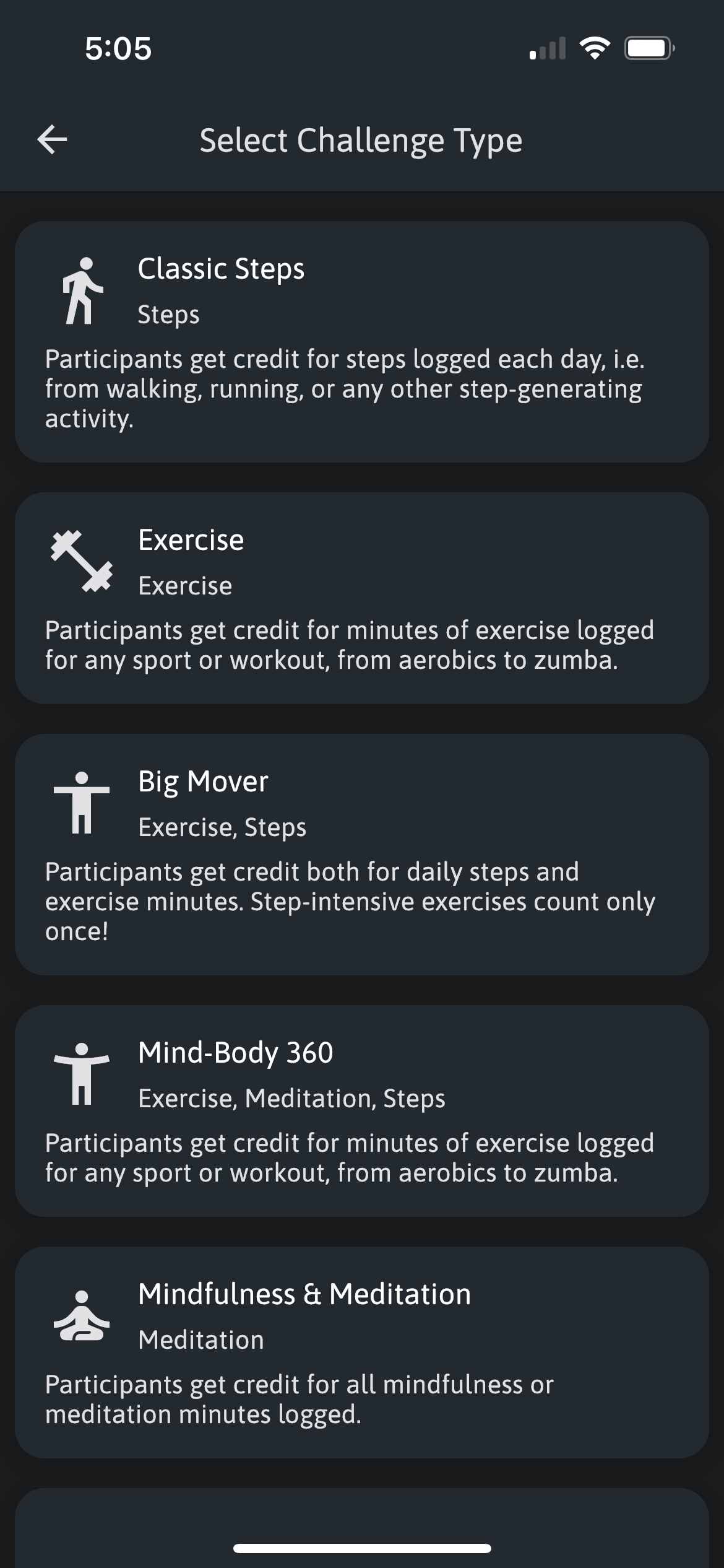 Challenge organizers can choose from a range of different activity types, and customize all aspects of their challenge. 