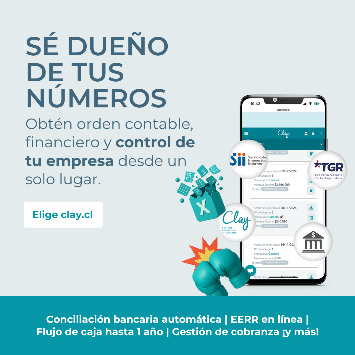 Clay screenshot: ¡La información es tuya! y Clay lo sabe bien. Dispone de tu contabilidad y finanzas en línea y en tiempo real.
