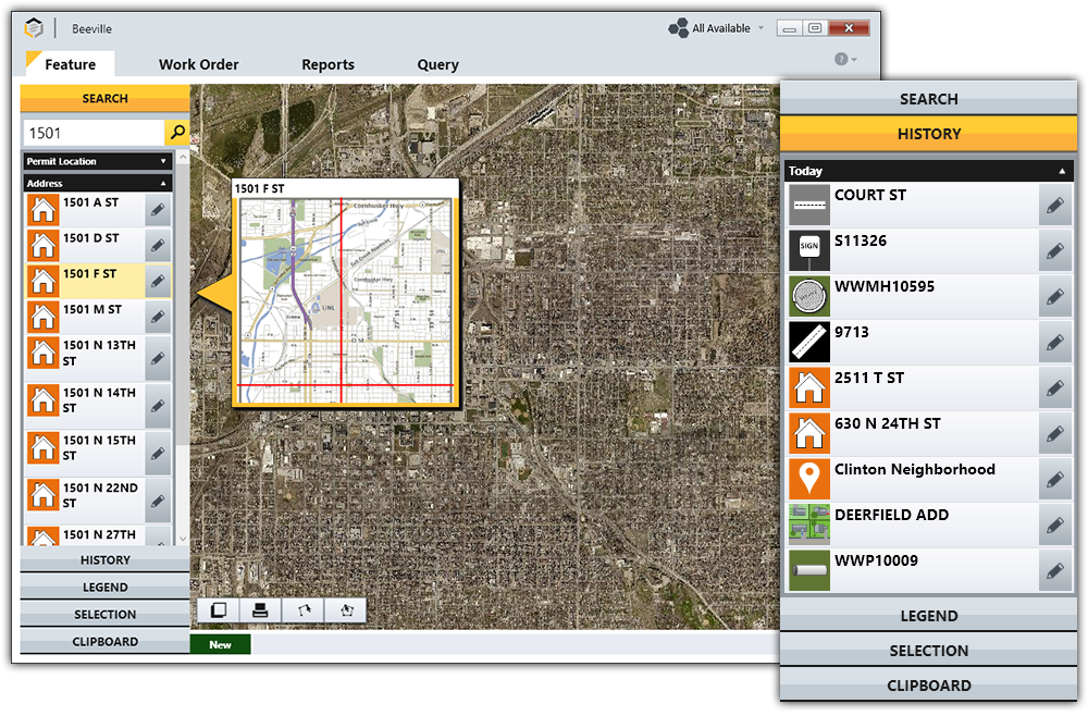 Beehive Industries screenshot: Use the search functionality to find locations and jobs within a geographic map