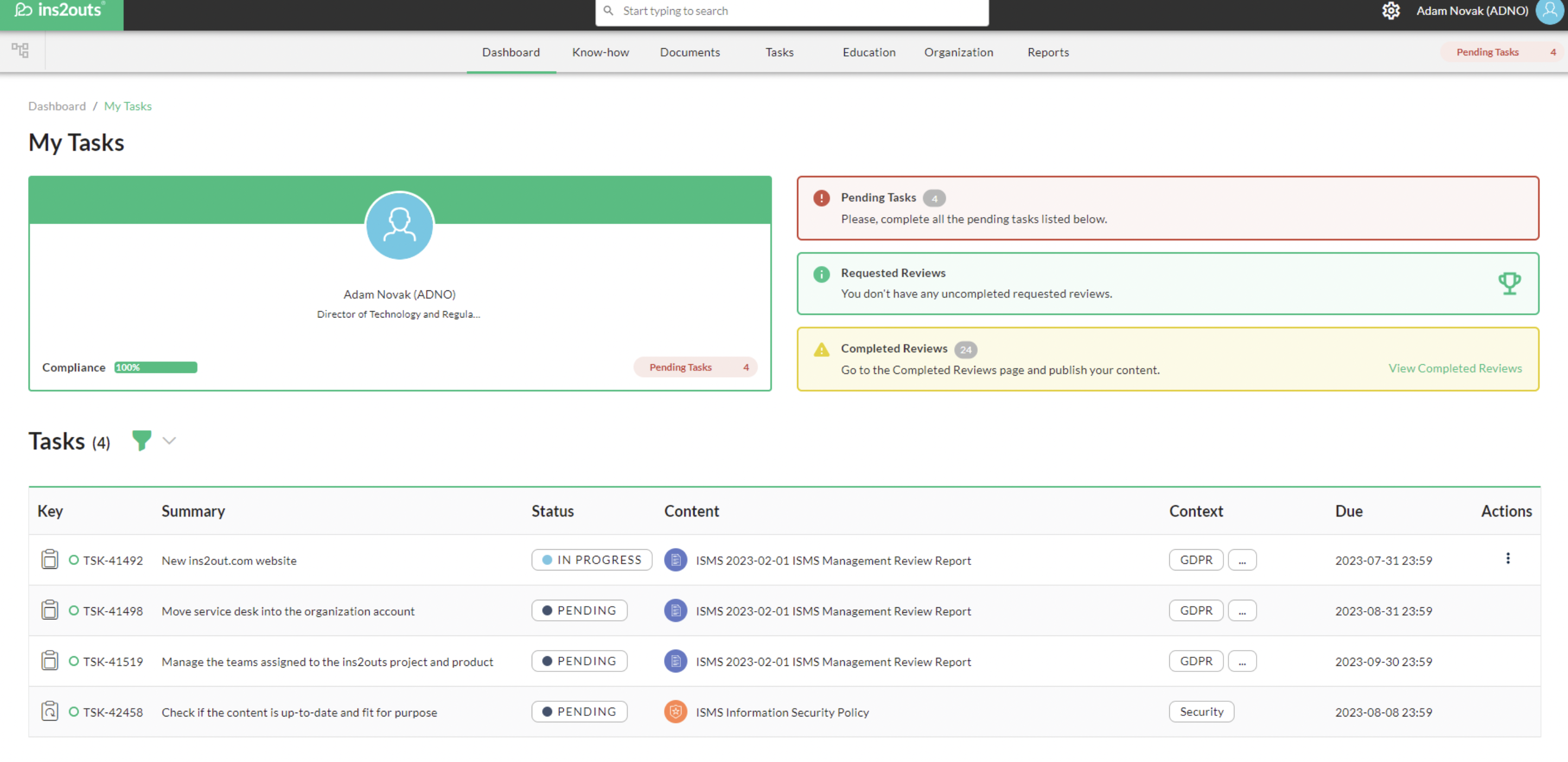 ins2outs Software - Tasks – making things happen
ins2outs to support the operation of a management system offers tasks functionality. Tasks represent actions to be taken on a given document, process, or management system. - thumbnail