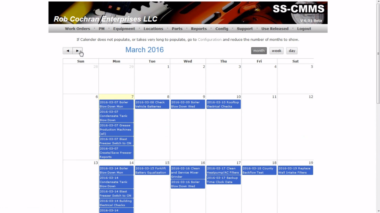 SS-CMMS Software - View PMs in the calendar
