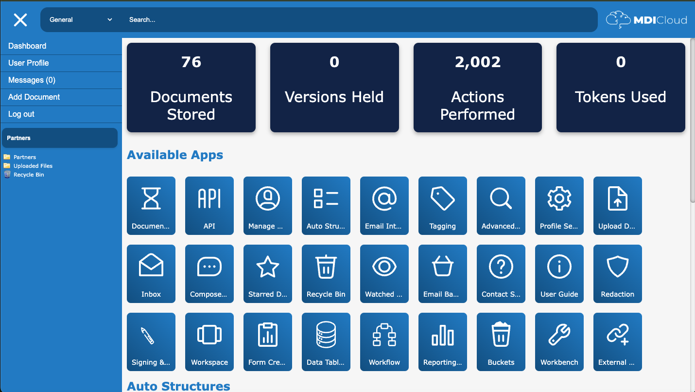 MDI Cloud screenshot: MDI Cloud Dashboard - access your apps and view important information about your data