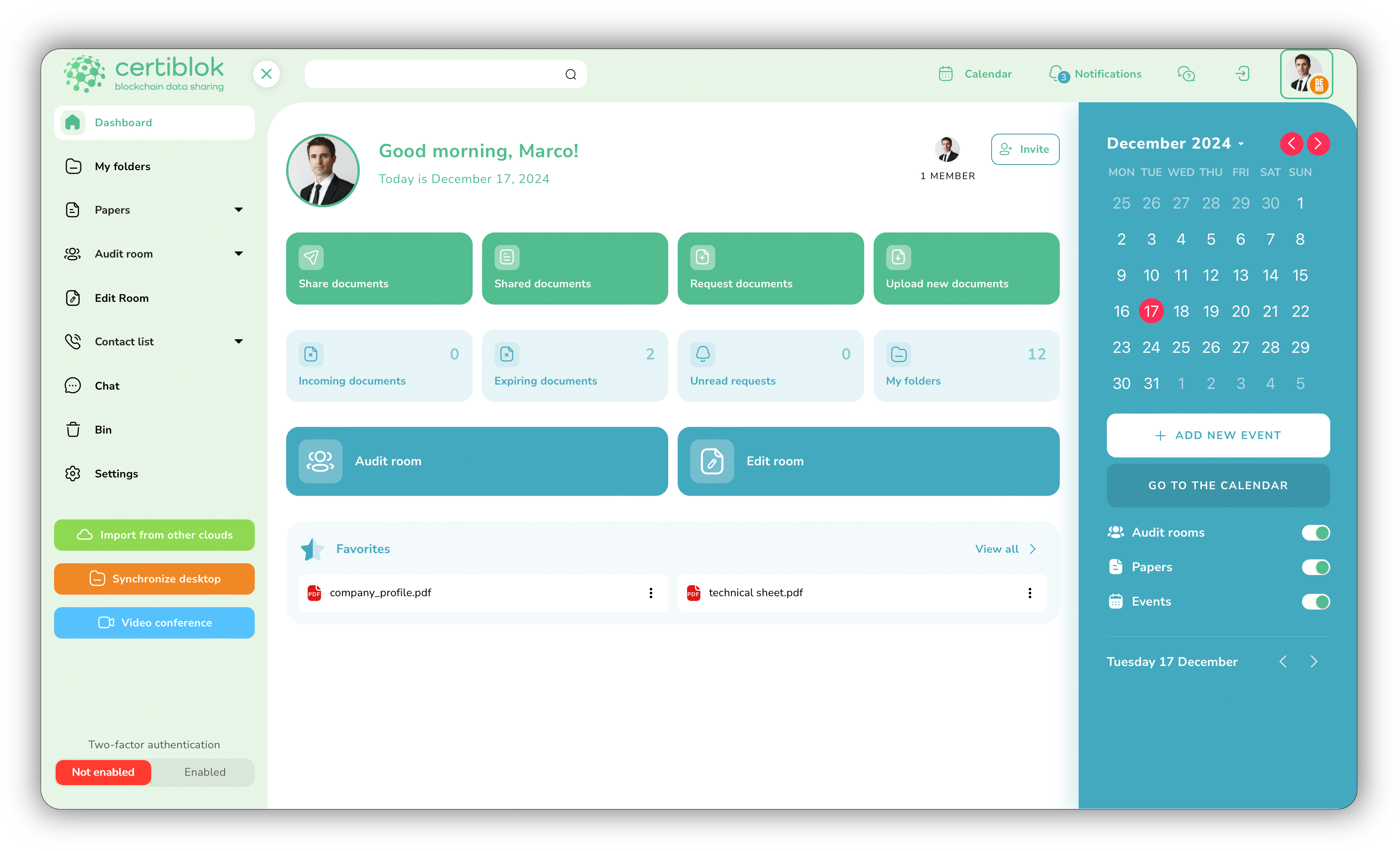 Certiblok screenshot: Certiblok's dashboard offers quick actions for sharing, uploads, and requests. Key tools like Audit Room, Edit Room, real-time notifications, and a calendar streamline collaboration, while cloud sync keeps documents organized and secure.