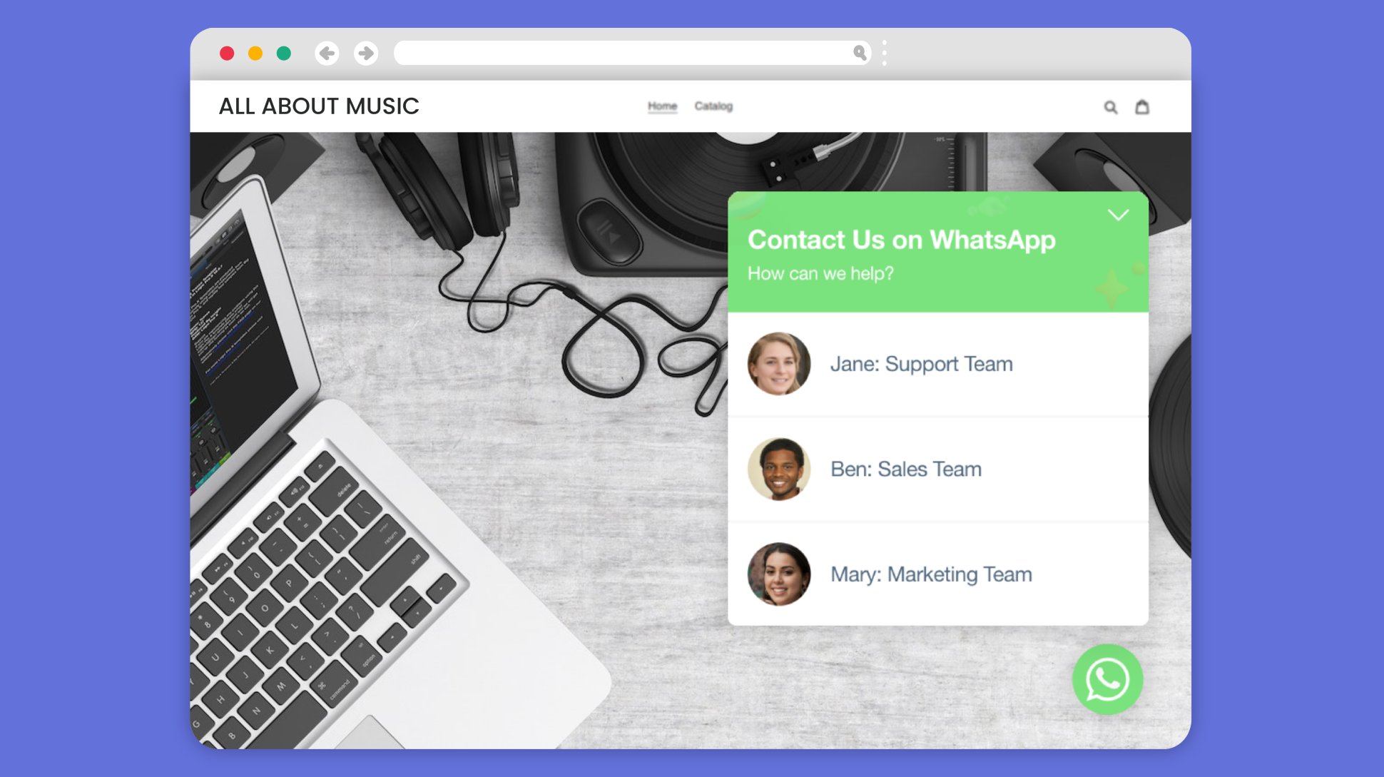 Chaty WhatsApp widget with multiple agents. You can let your customers chat with you in different languages or interact with different departments in your company.
