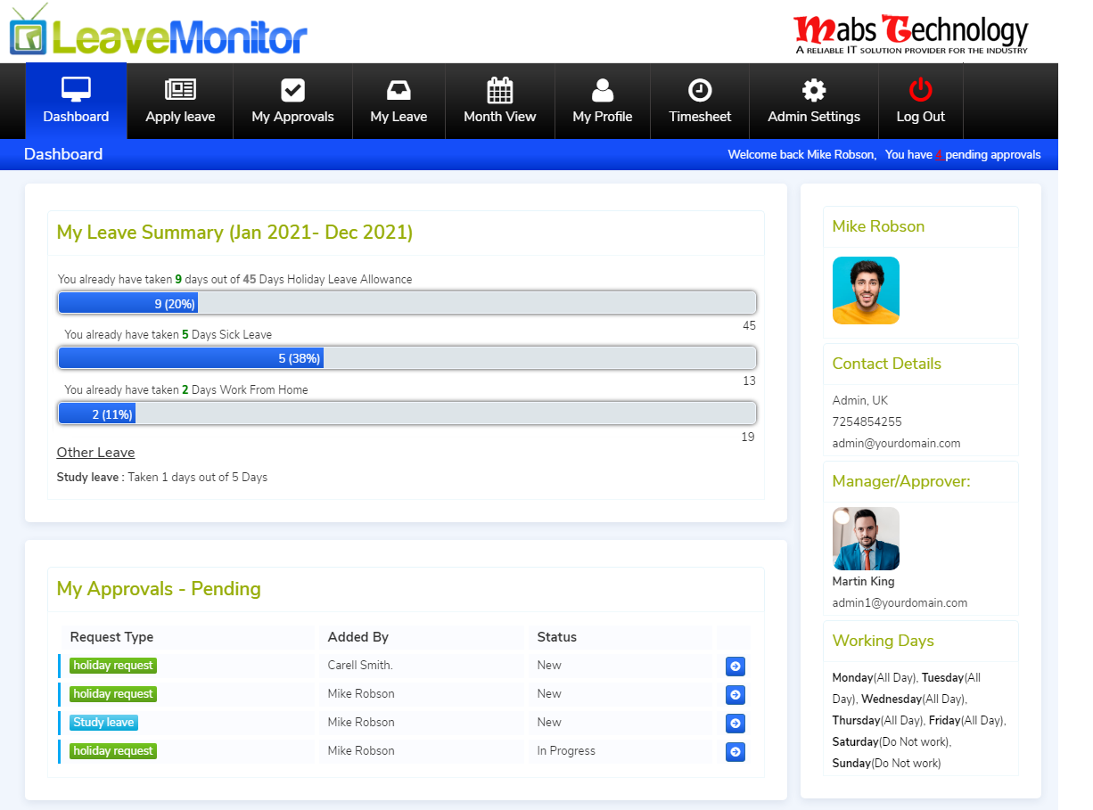 Leave monitor user dashboard