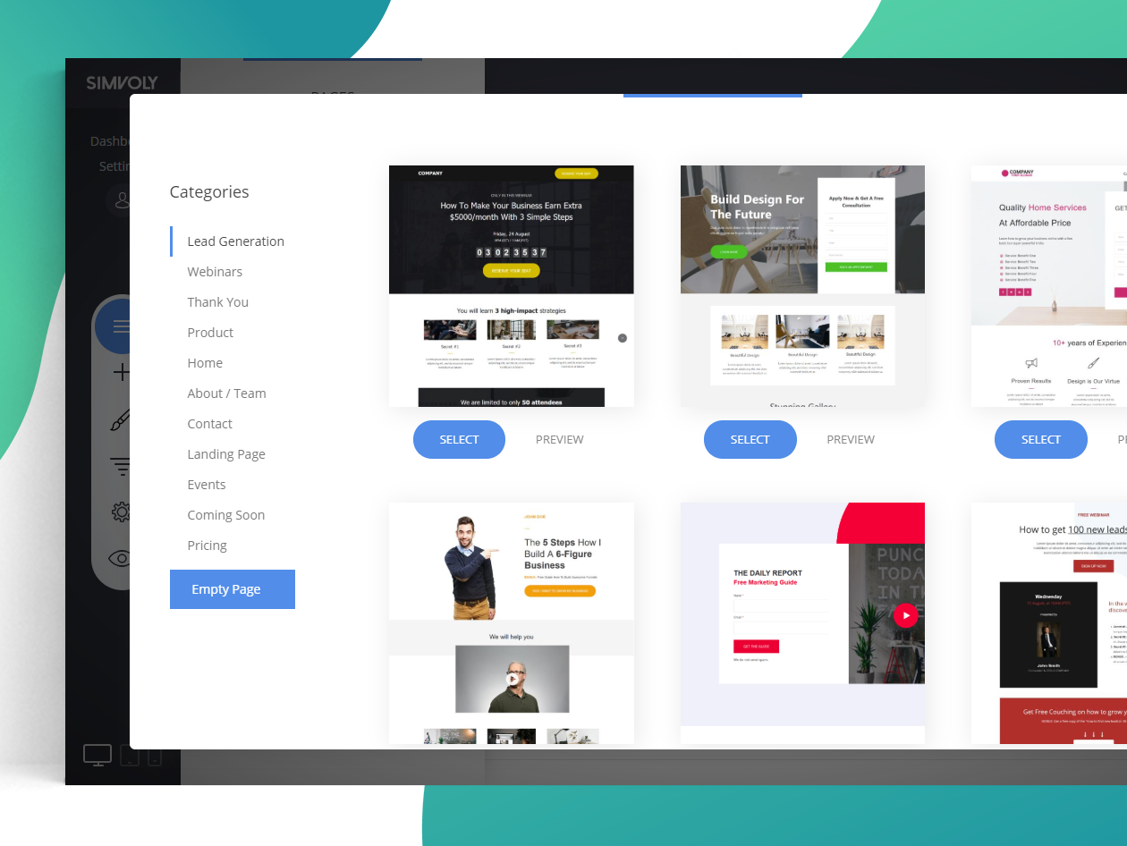 Simvoly Software - Various page templates that you add with one click