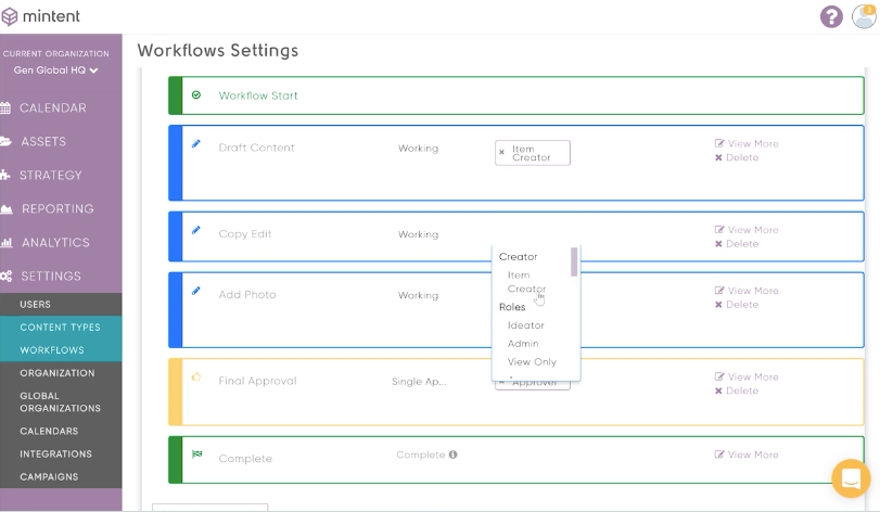 Mintent Software - Each step in the content creation workflow can be assigned to an individual or role