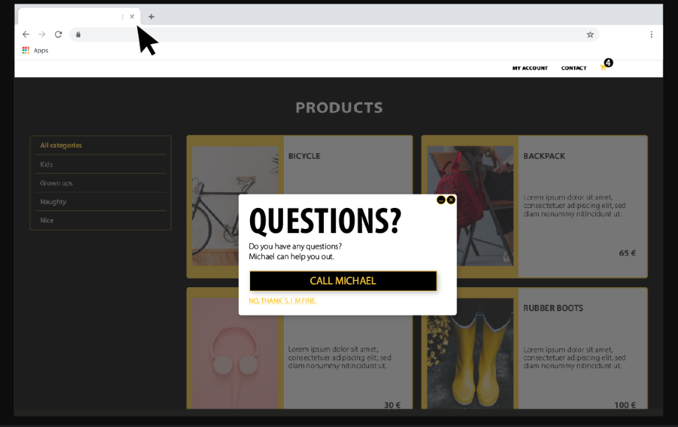 uptain screenshot: Before a customer leaves the website, an individually customized activation popup appears