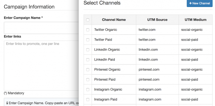 CampaignTrackly screenshot: Auto-tag pre-set promotional channels and links with the UTM tag generator