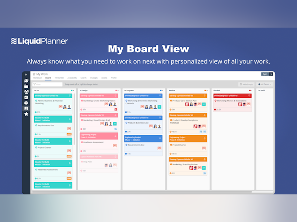 LiquidPlanner Software - My board view allows you to always know what you need to work on next so you're never guessing what the priority is for you. This is a personalized view of all your project work. This view allows you to understand your workload and balance accordingly.