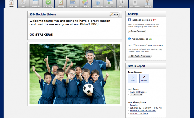 TeamSnap includes a customizable homepage for each team, including the option to add sponsors and a team photo
