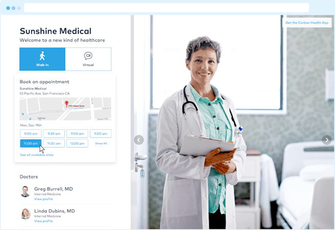Carbon Health screenshot: Online appointment scheduling is provided via a branded practice page, an embeddable widget for existing sites and the mobile app