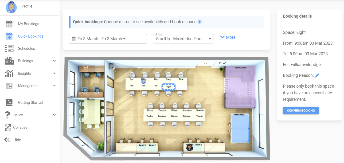 Our interactive 3D floorplans make it super simple to see who is coming in and when. With one click your team can reserve their preferred space.