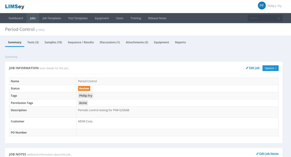 LIMSey job summary screenshot