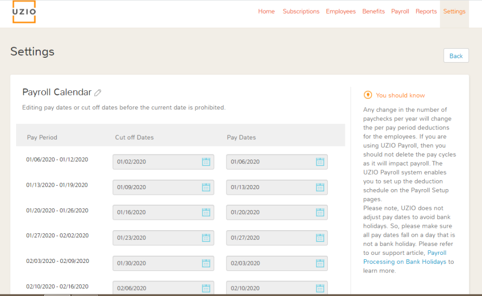 UZIO Software - UZIO payroll calendar