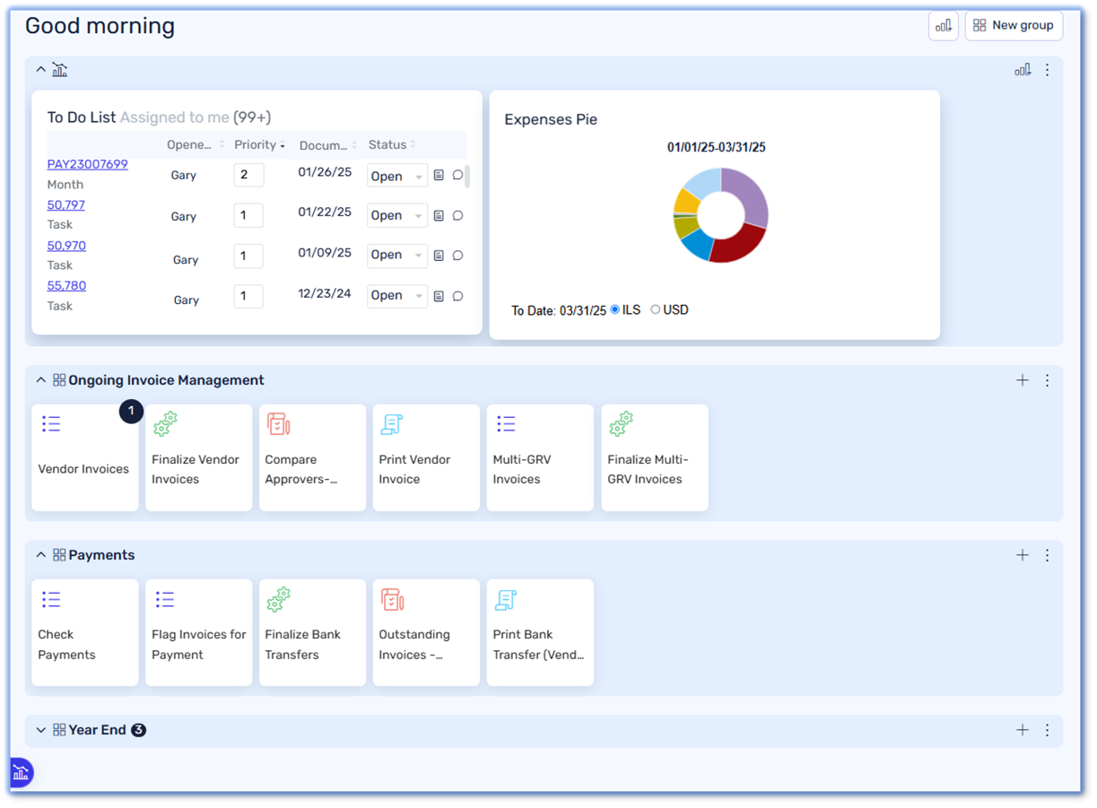 Priority Software Software - Priority's customizable home page offers easy access to extensive ERP functionalities and modules.