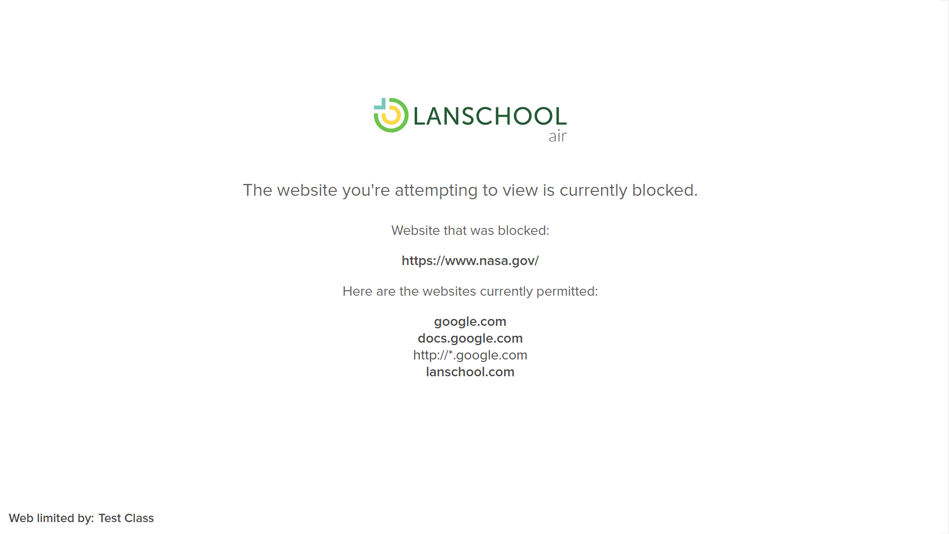 When a website is blocked, this is the screen students will see. (LanSchool Air)