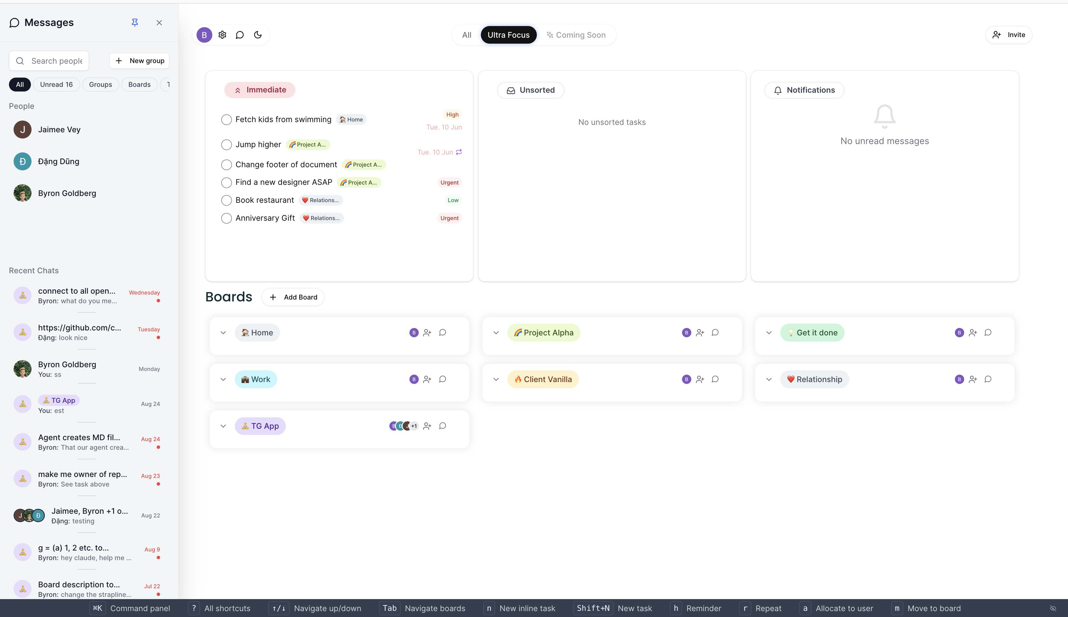 TaskGuru screenshot: Taskguru boards with message sidebar