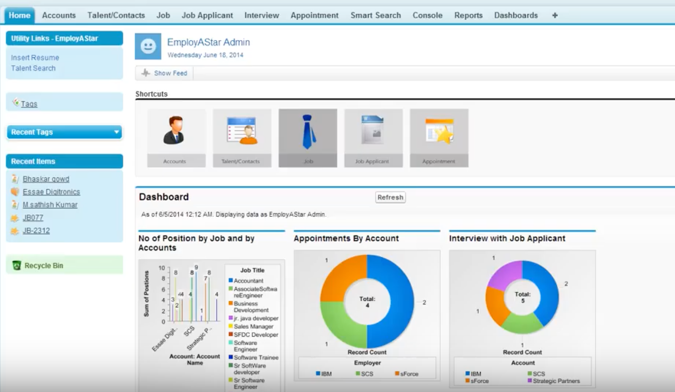 employAstar screenshot: Access shortcuts to accounts, contacts, appointments, and more from the main dashboard