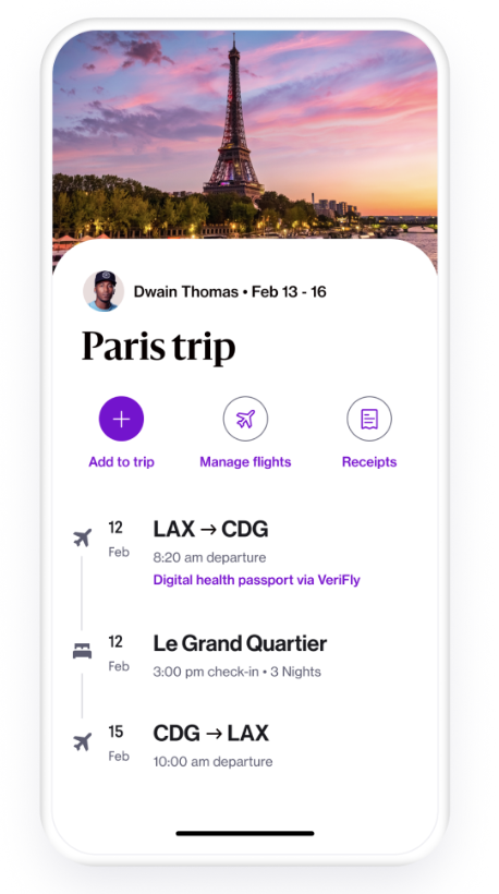 Trip to Paris Display on Navan App