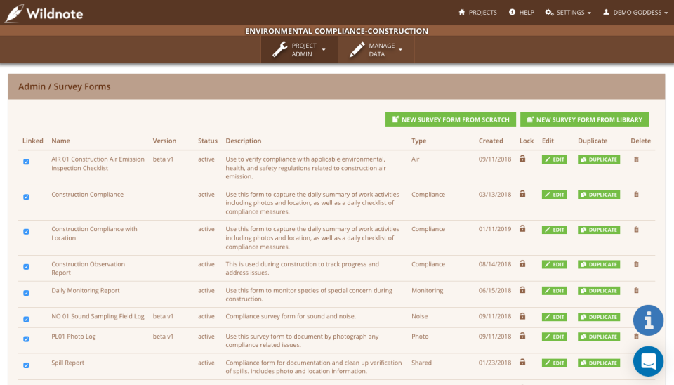 Wildnote screenshot: Wildnote compliance forms