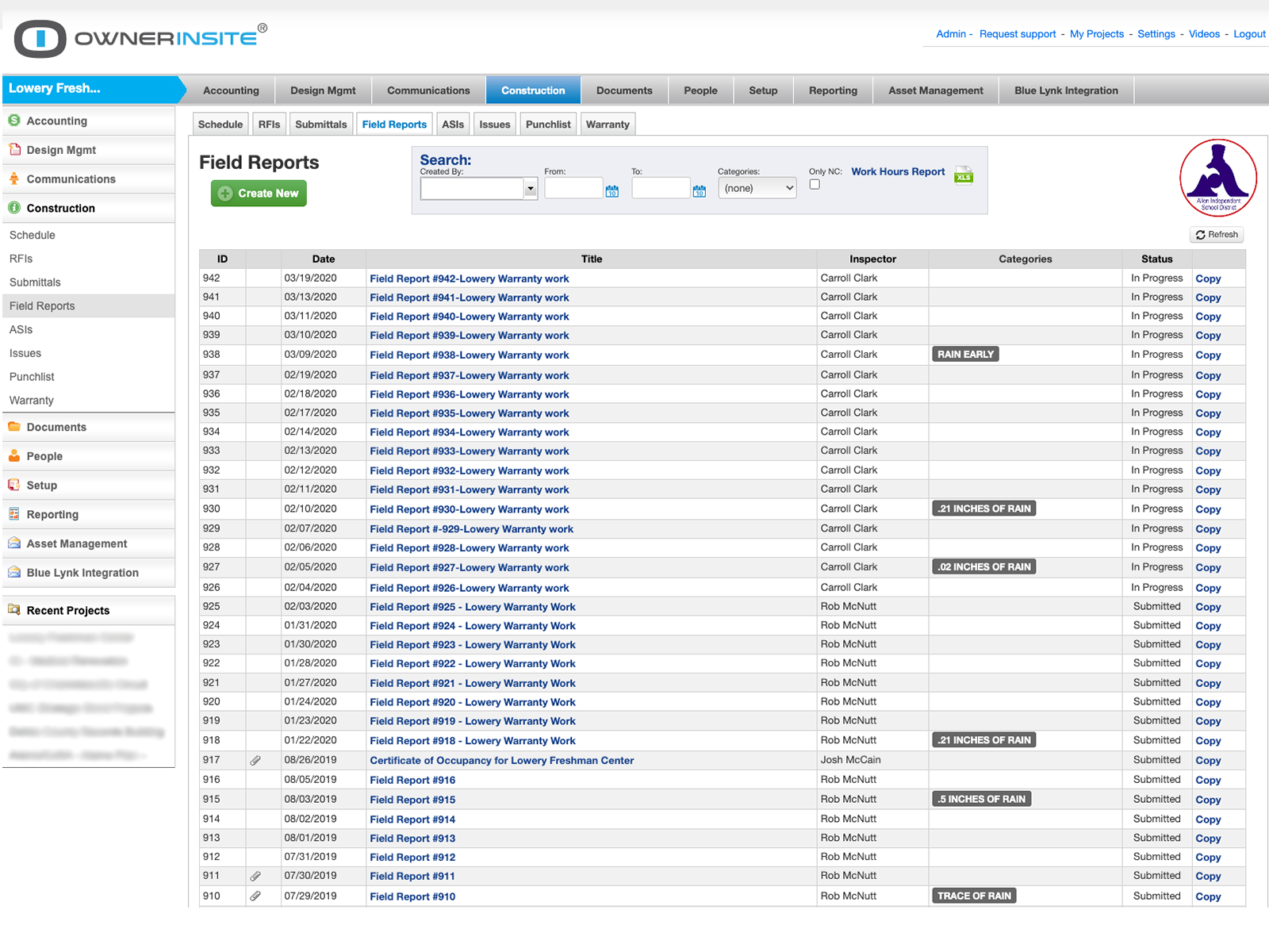 Owner Insite screenshot: Owner Insite view reports
