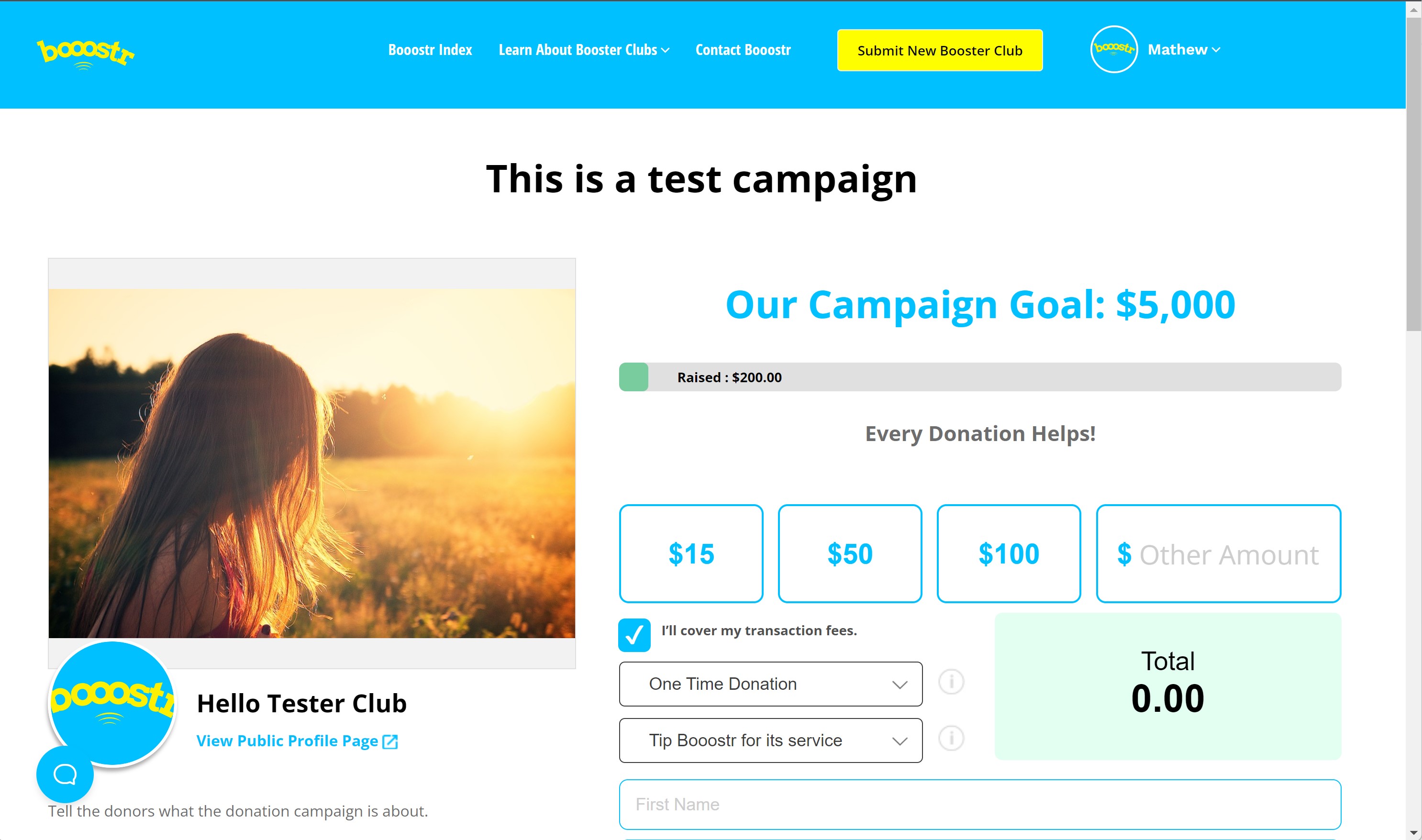 Example of a nonprofit's donation campaign landing page on Booostr.
