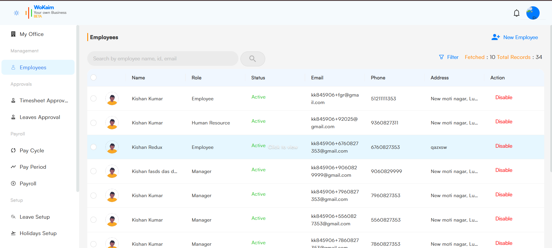 Wokaim screenshot: Manage employees timesheet, onboarding , pay slips and all at one place only