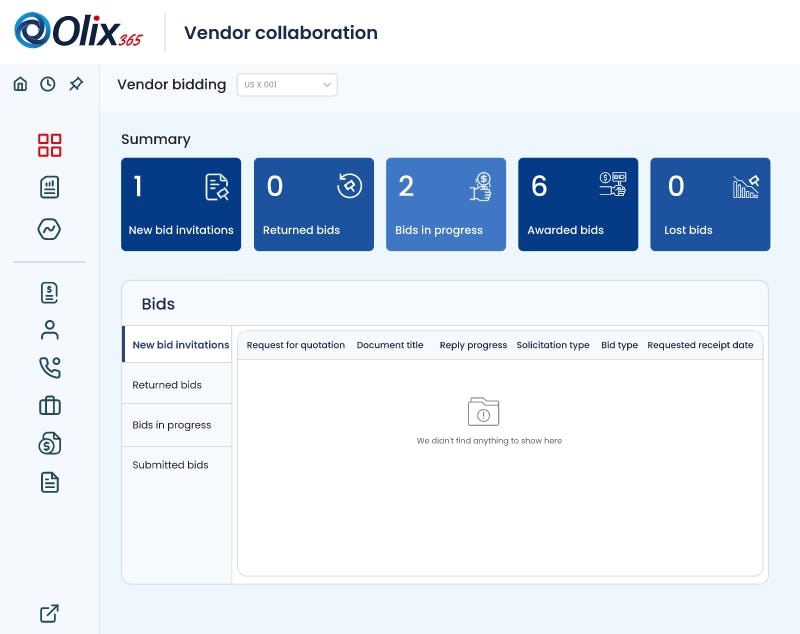 Olix365 Software - Vendor Collaboration: Simplify vendor bidding processes with real-time tracking of bid invitations, progress, and results for streamlined collaboration.