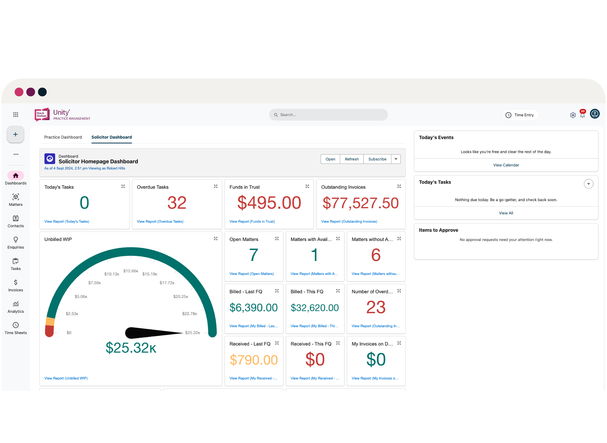 Unity Practice Management screenshot: Dashboard