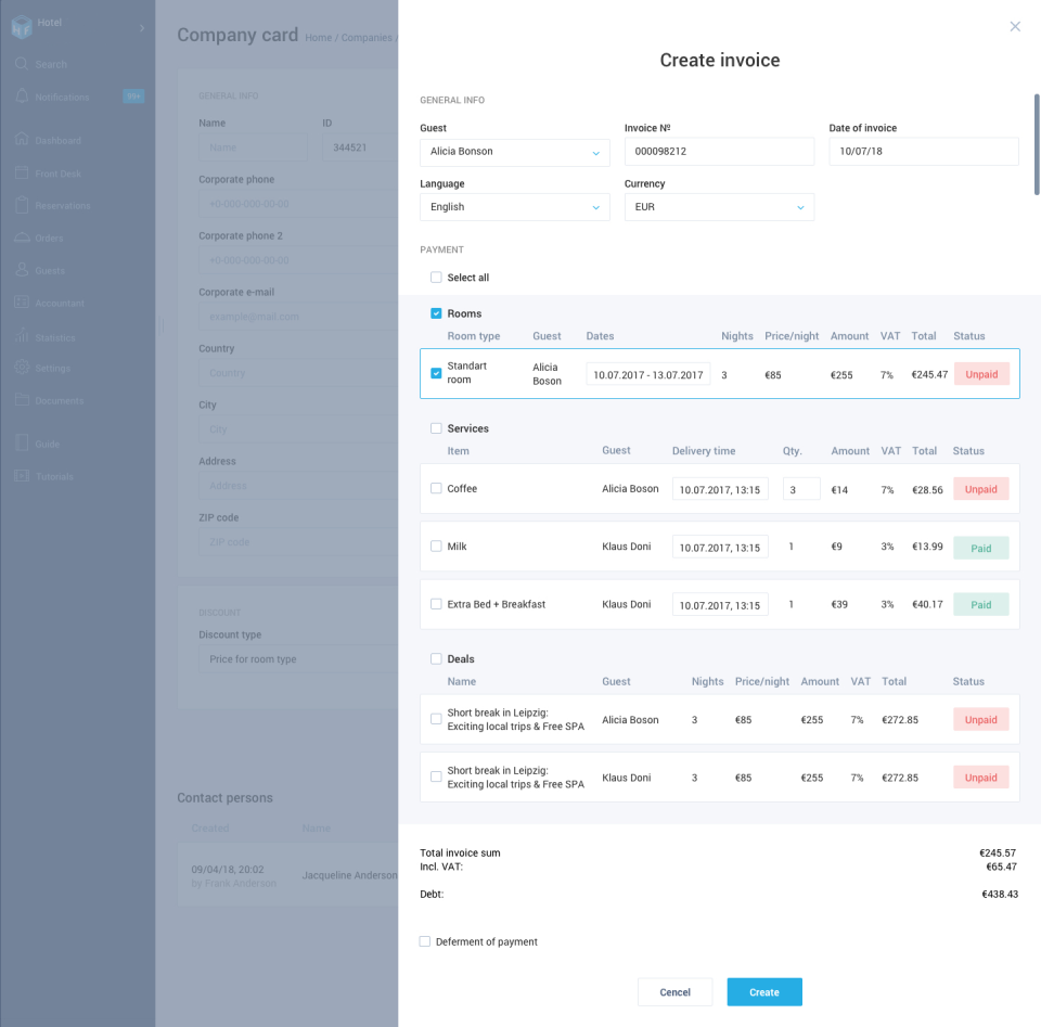Create and send invoices within the HotelFriend system