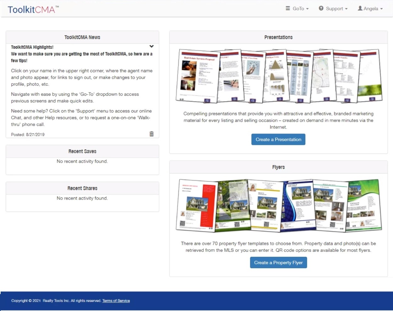 ToolkitCMA screenshot: The Home screen of ToolkitCMA has everything at your fingertips. Creating a Presentation or Flyer starts right here.   Recent Saves are listed for quick access and there is a log of recently emailed items, along with the number of views.
