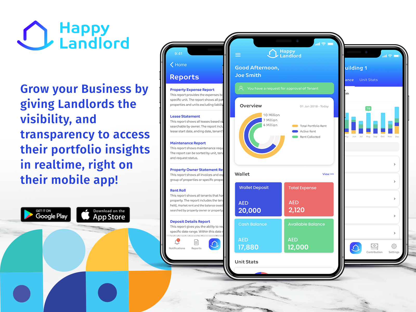 HappyLandlord - mobile app for landlord that allows control, visibility, and transparency by enabling them to view the real-time updates, insights, and reports about their portfolio - eliminating the dependability on property managers.