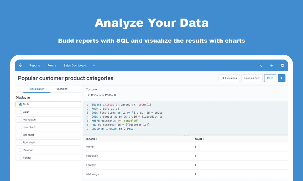 Motor Admin Software - Build reports with SQL and visualize the results with charts.