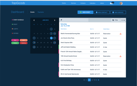 TapGoods PRO Software - Dashboard enables users to manage events, contacts, services and more