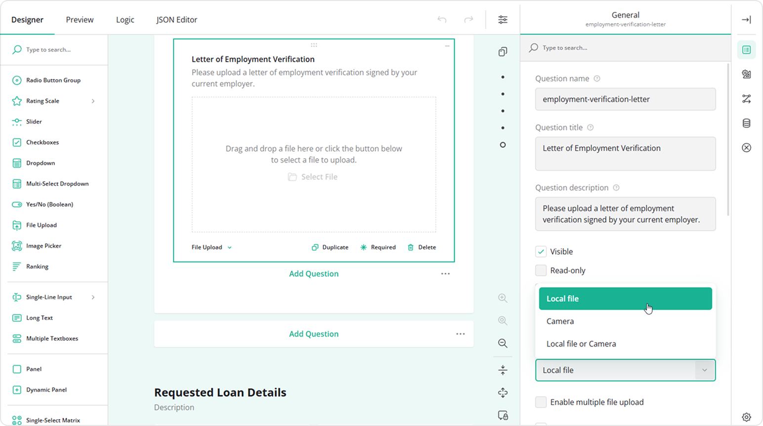 SurveyJS screenshot: JavaScript Form Builder with a Drag-and-Drop Interface for Dynamic, JSON-Driven Forms