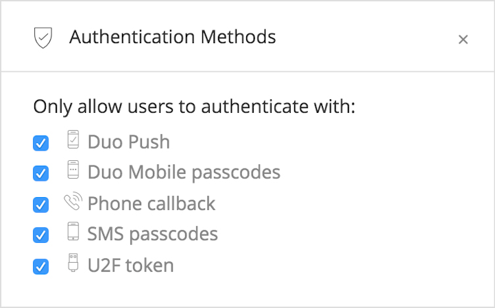 Duo Security screenshot: Duo Security allows administrators to control which authentication methods can be used