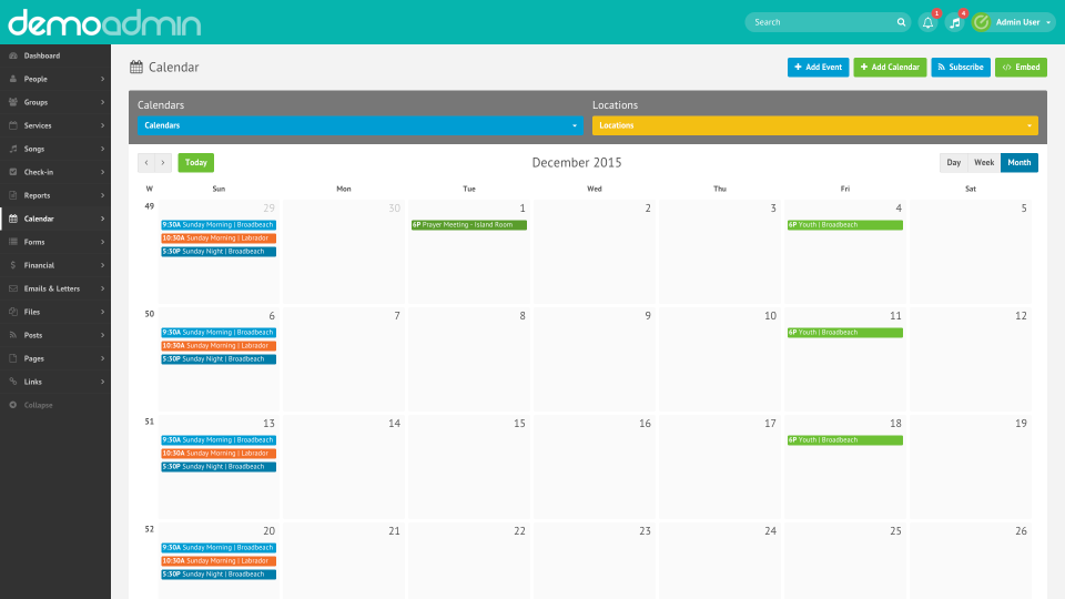 Elvanto showing the integrated events calendar