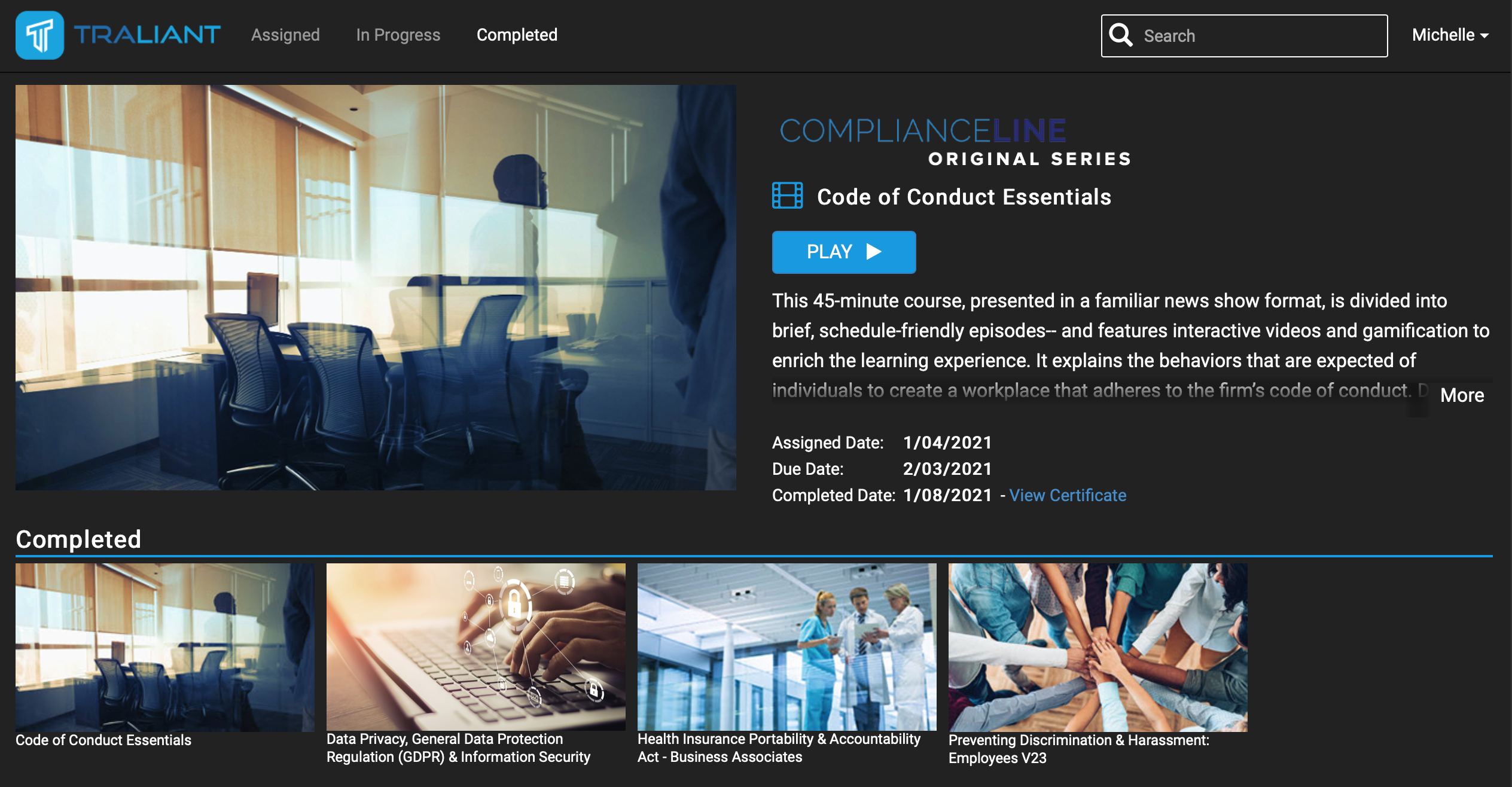 ComplianceLine LMS screenshot: An example of an employee's dashboard showing the courses they have completed.