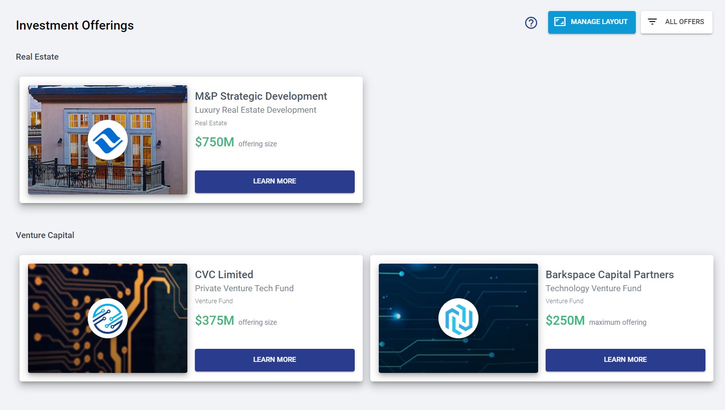 WealthBlock screenshot: Customizable Investment Offerings Page: Your brand. Your offerings.