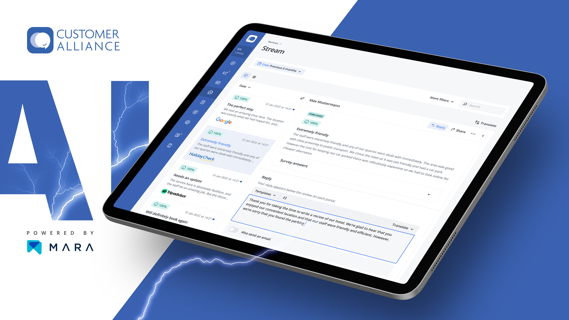 Customer Alliance screenshot: AI REPLY ASSISTANT - Reply to reviews 3x faster - Work smarter, not harder, with instant, AI-powered review responses your customers will love.