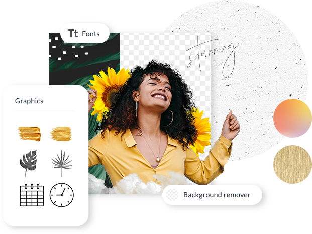 Start designs from  a template or a blank canvas and add design building blocks like graphics, fonts, textures,  stock photos and videos.-thumb