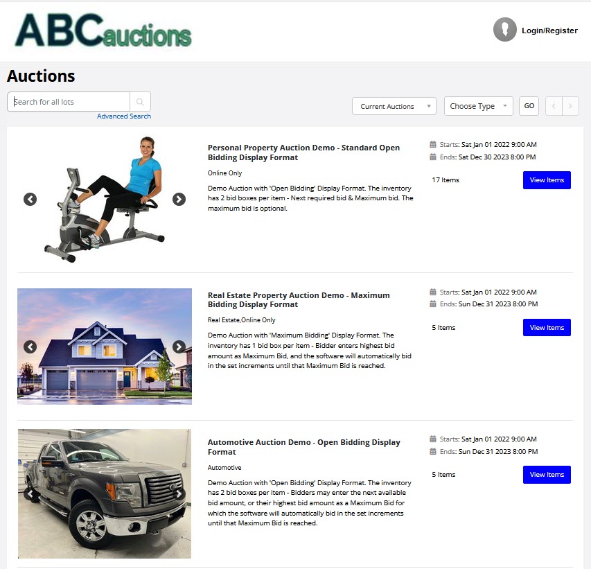 Clear, clean online auction catalog allows bidders to easily find and navigate through your available auctions.