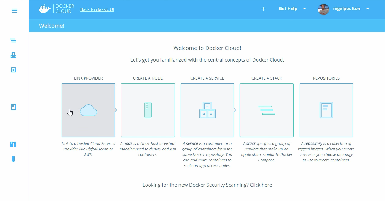 Docker Software - The landing page outlines the major concepts of the application