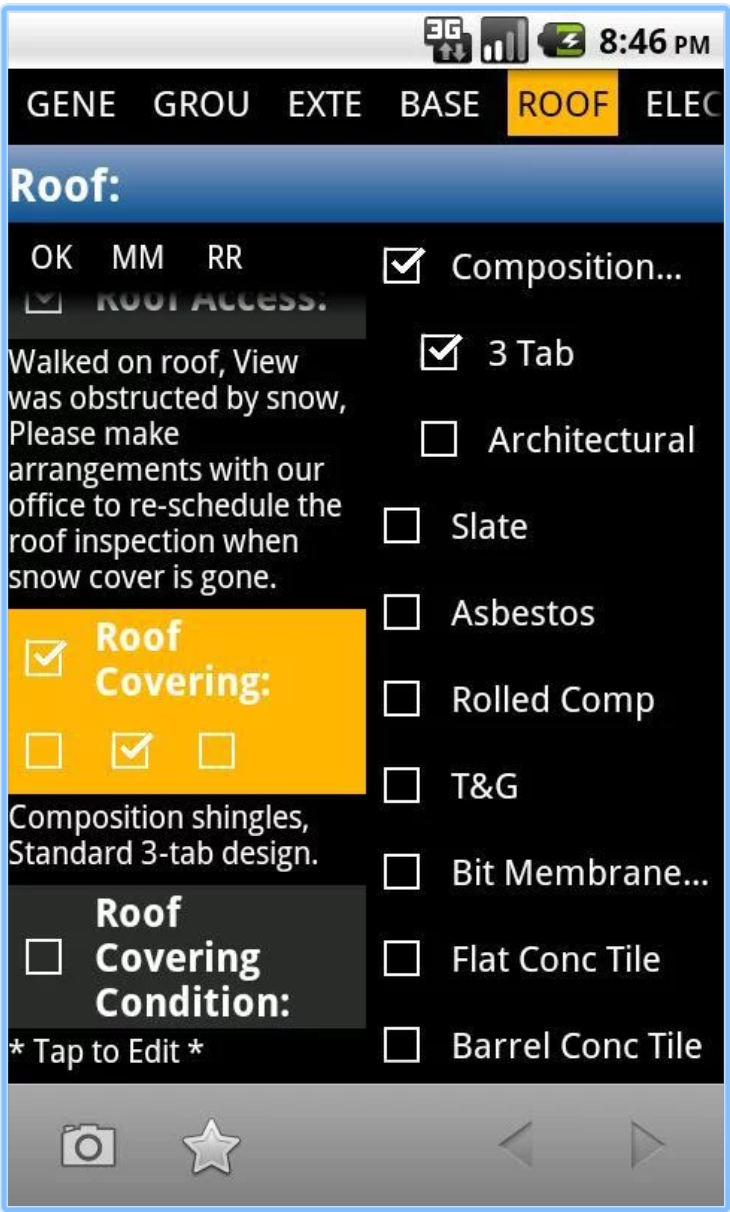 3D Inspection System screenshot: Collect data with easy to use scrolling inspection report sections