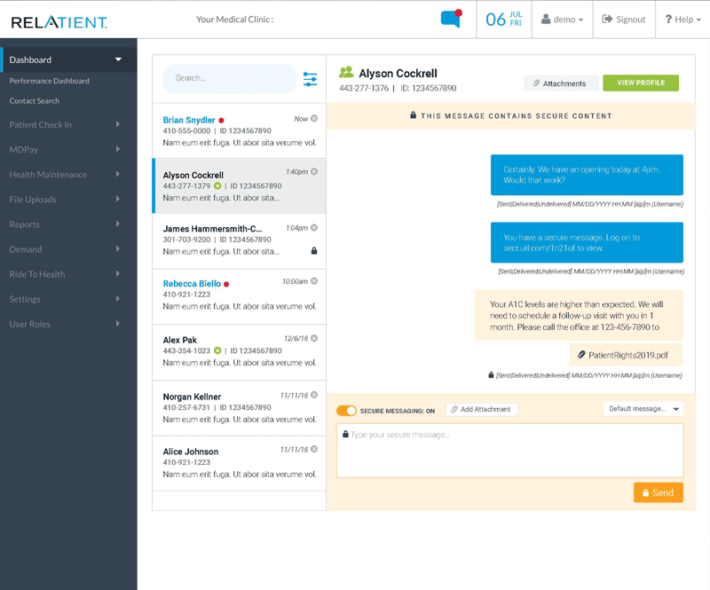 Relatient patient chat screenshot