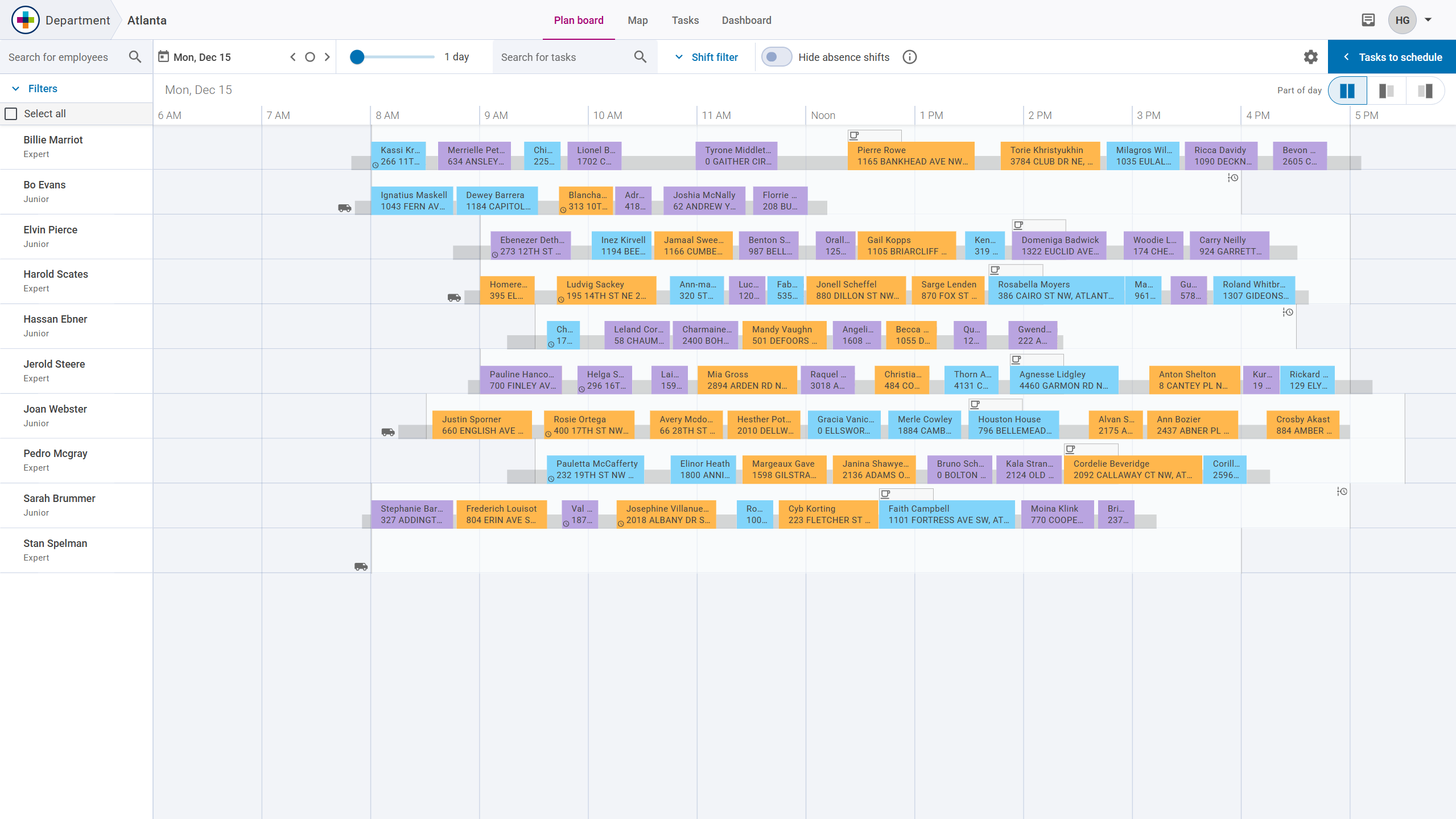 ORTEC for Field Service screenshot: Planboard Operational Planner application