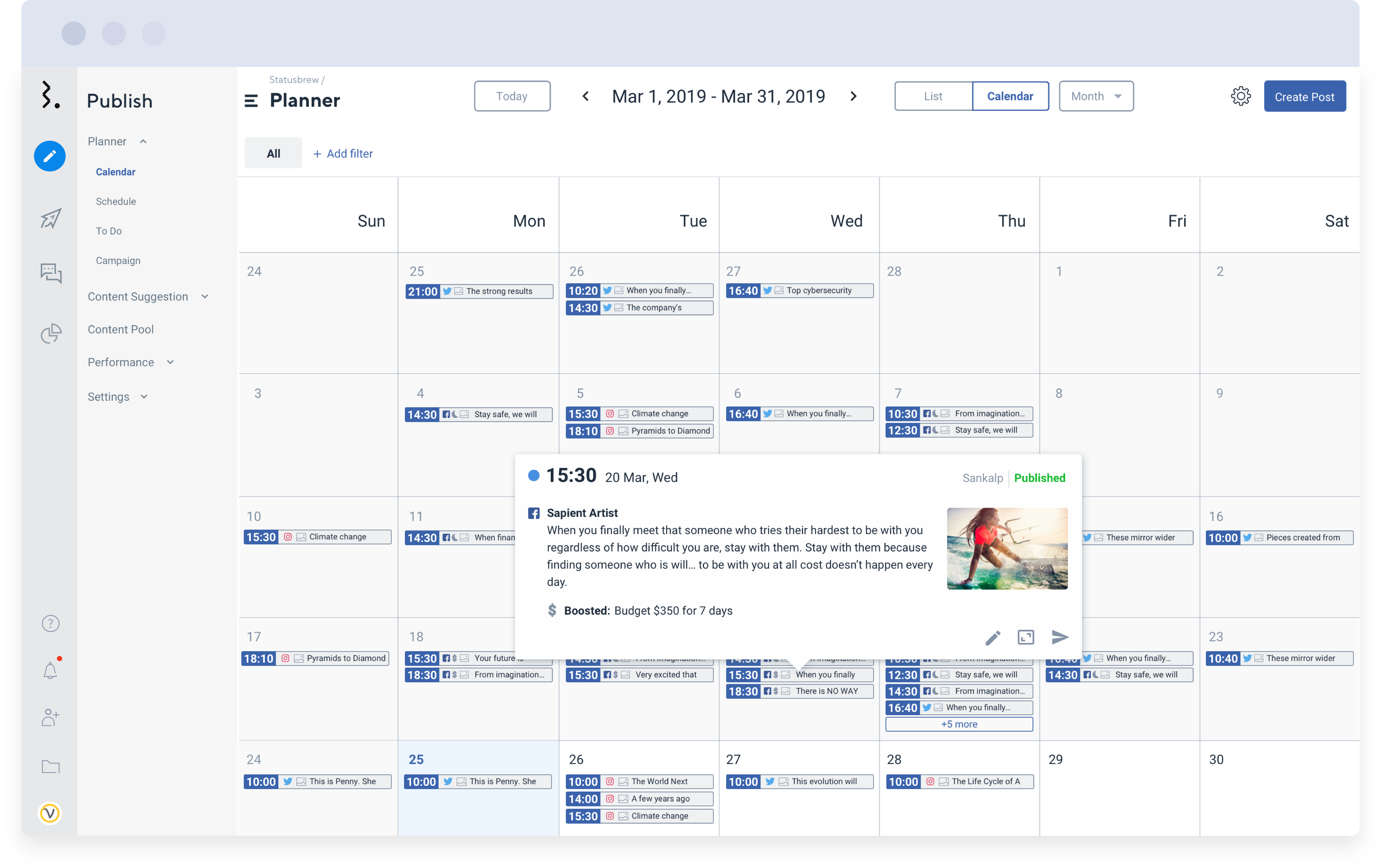 Statusbrew Software - Planner : Complete marketing plan at a glance, all posts published or scheduled, from our platform or even natively