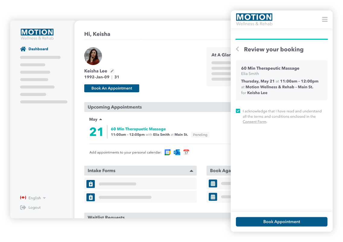 Online Booking - Juvonno lets your patients take control of their clinic experience with a patient portal to book appointments, complete intake forms, view and pay invoices, and access treatment resources online.